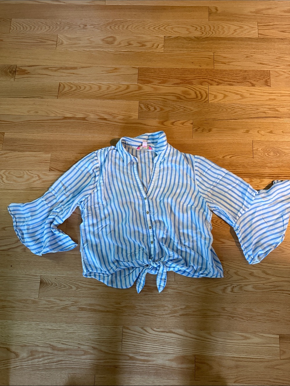 Striped Light Blue Tie-Front Women’s Blouse